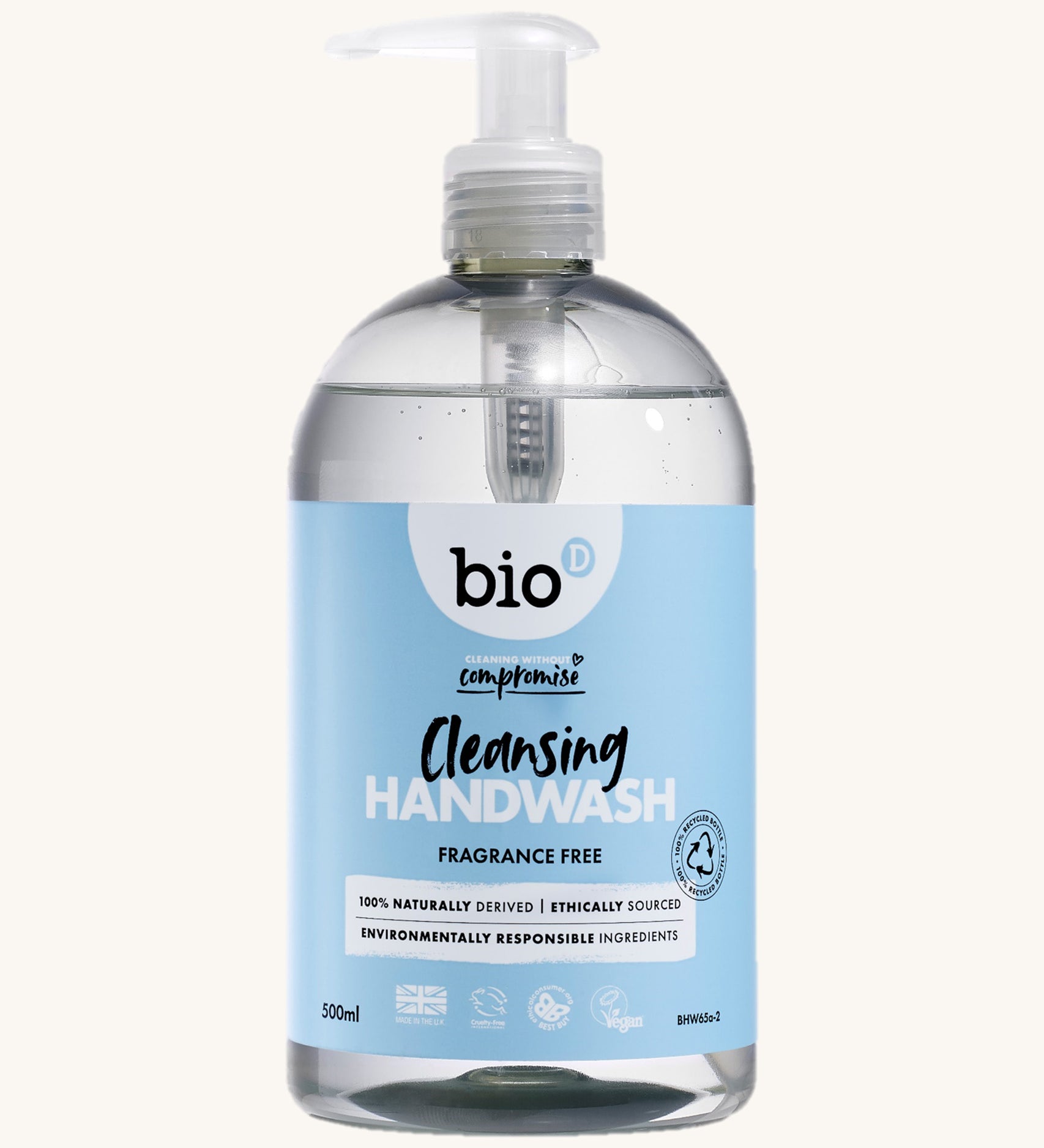 Bio-D fragrance free cleansing handwash in a 500ml bottle and available at Babipur. Comes in a clear bottle and features a push down dispenser