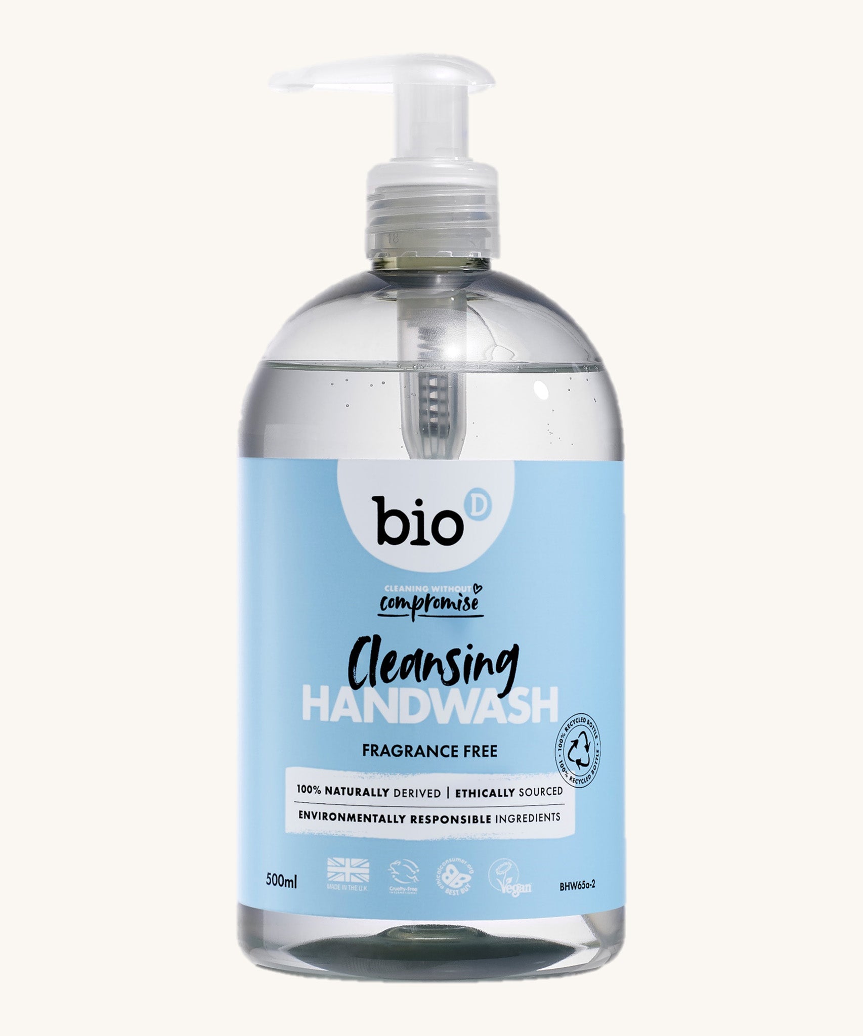 Bio-D fragrance free cleansing handwash in a 500ml bottle and available at Babipur. Comes in a clear bottle and features a push down dispenser