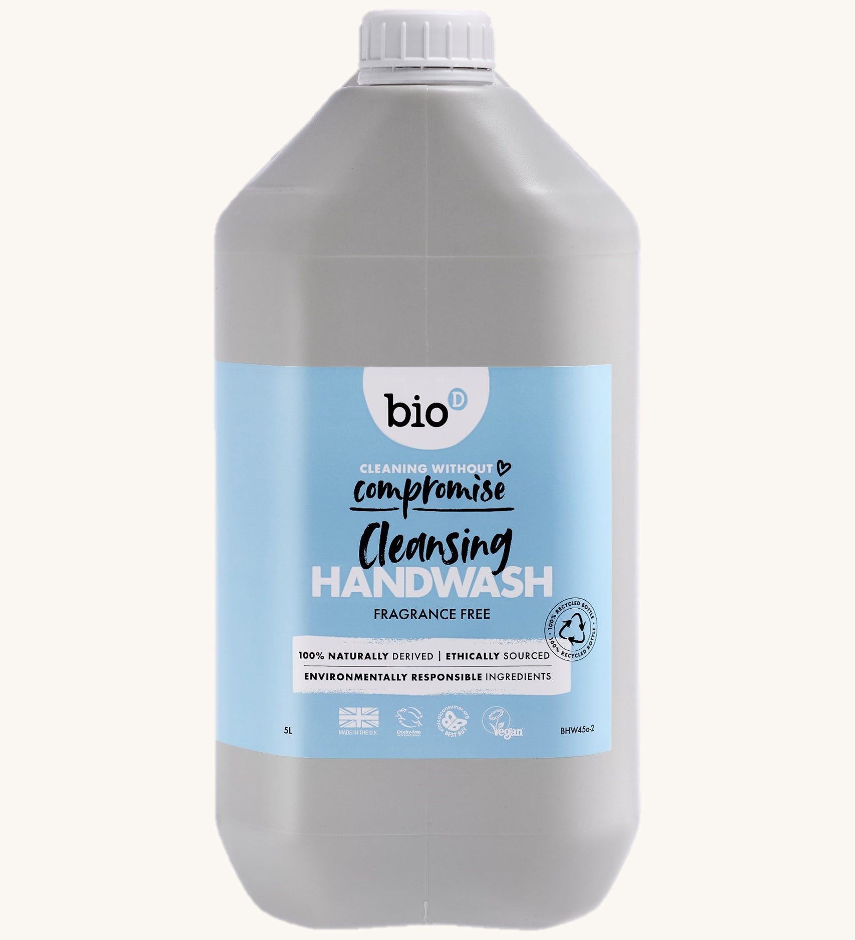 A 5L bottle of the Bio-D handwash in fragrance free available at Babipur. 