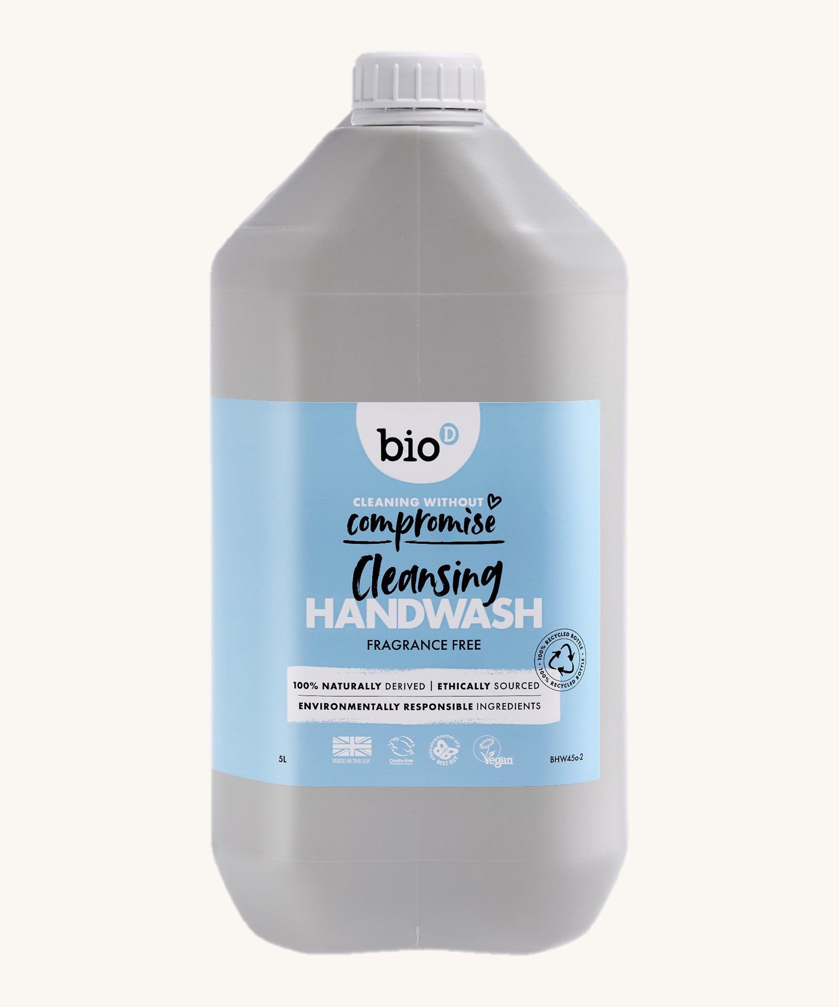 A 5L bottle of the Bio-D handwash in fragrance free available at Babipur. 