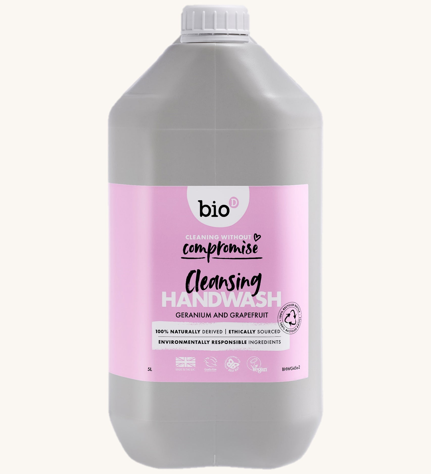 A 5L bottle of the Bio-D hand wash in gernanium and grapefruit available at Babipur. 