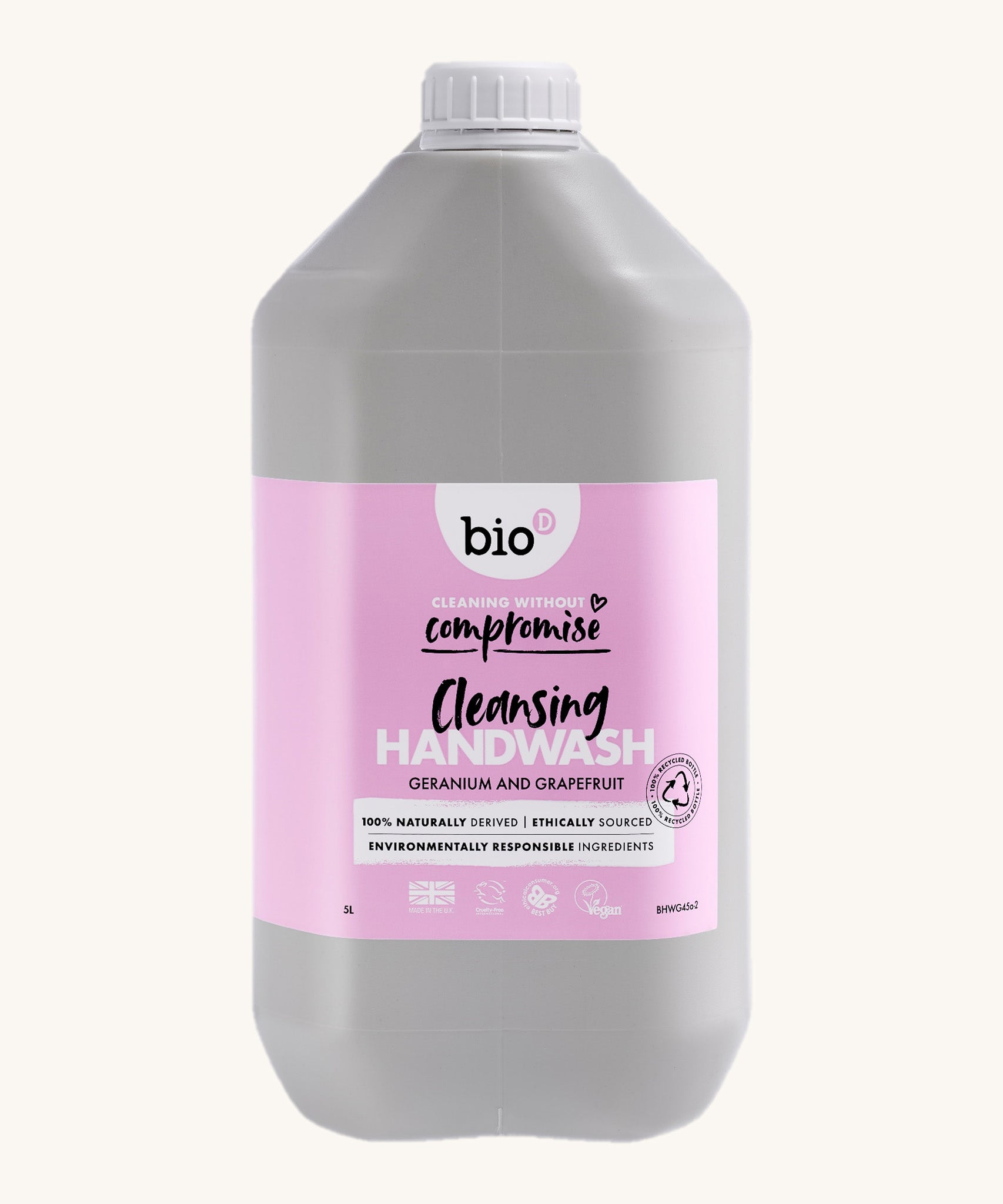 A 5L bottle of the Bio-D hand wash in gernanium and grapefruit available at Babipur. 