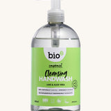 Bio-D lime and aloe vera cleansing handwash in a 500ml bottle and available at Babipur. Comes in a clear bottle and features a push down dispenser