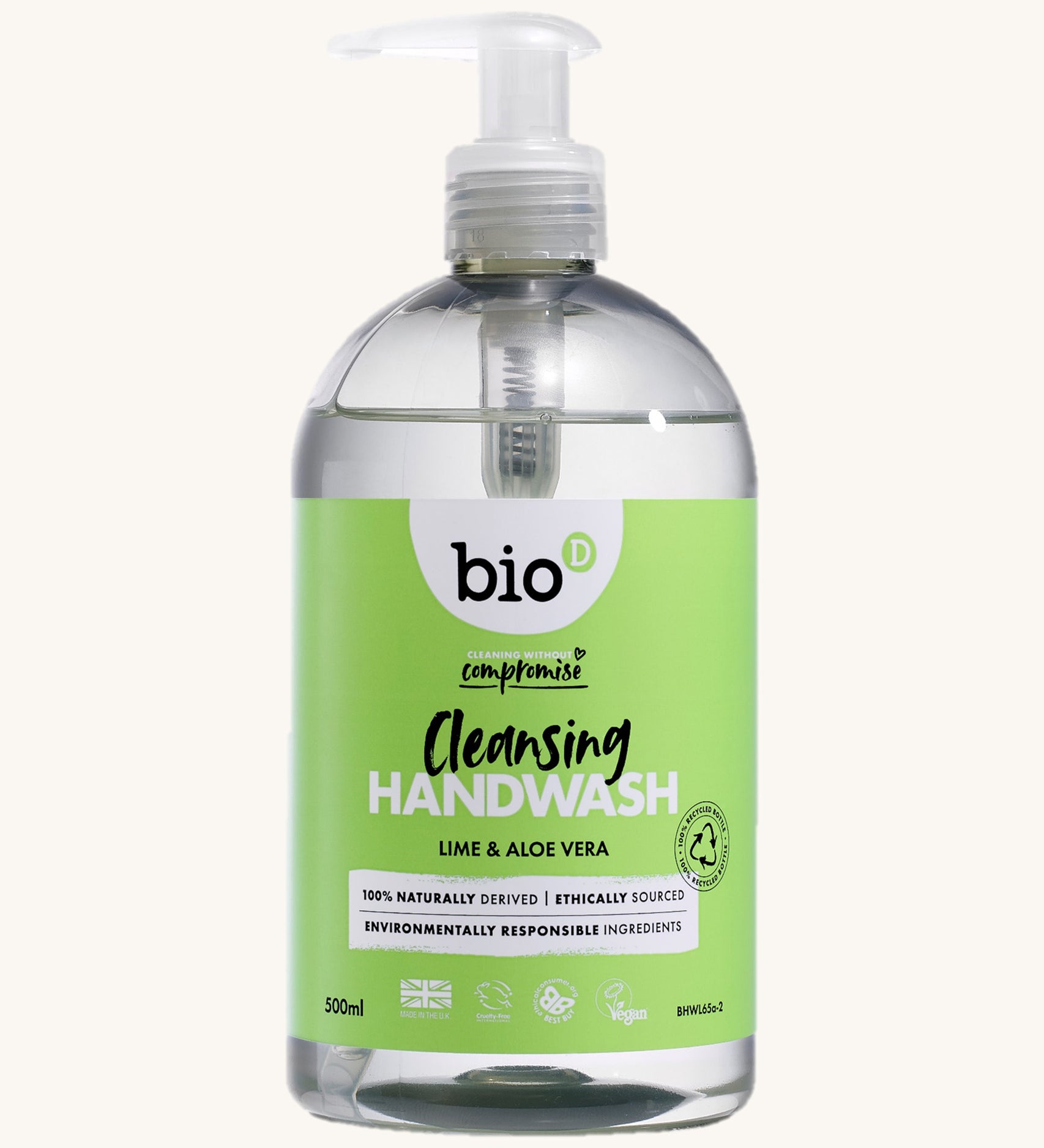 Bio-D lime and aloe vera cleansing handwash in a 500ml bottle and available at Babipur. Comes in a clear bottle and features a push down dispenser