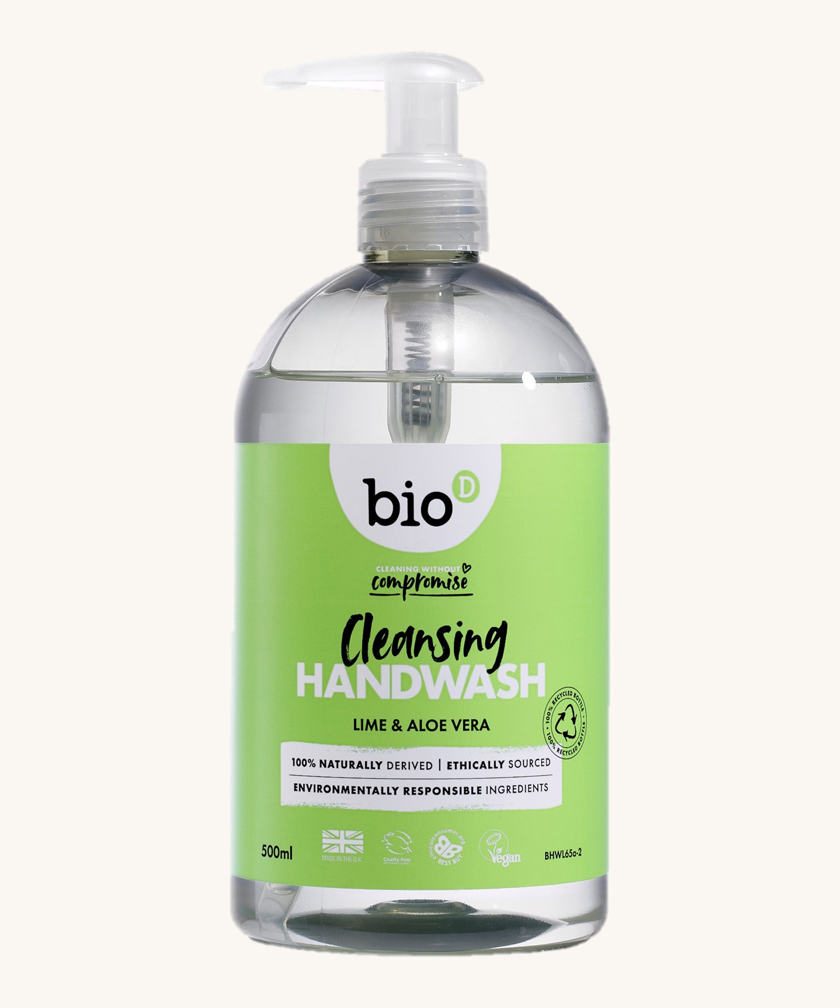Bio-D lime and aloe vera cleansing handwash in a 500ml bottle and available at Babipur. Comes in a clear bottle and features a push down dispenser