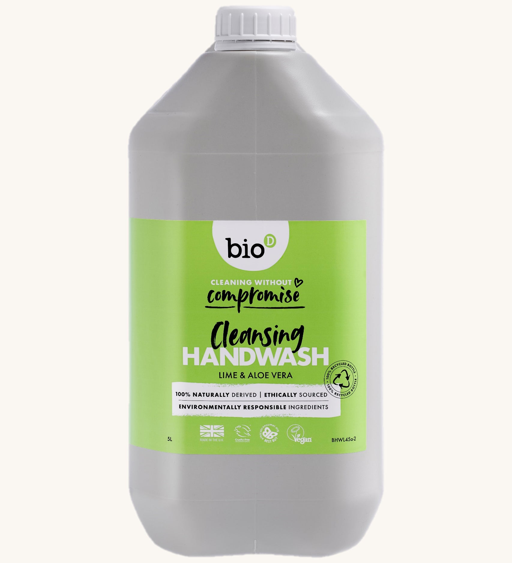 A 5L bottle of the Bio-D handwash in lime and aloe vera available at Babipur. 