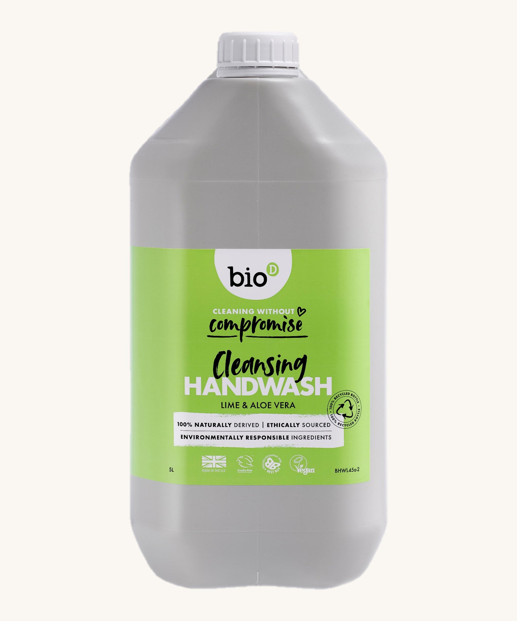 A 5L bottle of the Bio-D handwash in lime and aloe vera available at Babipur. 