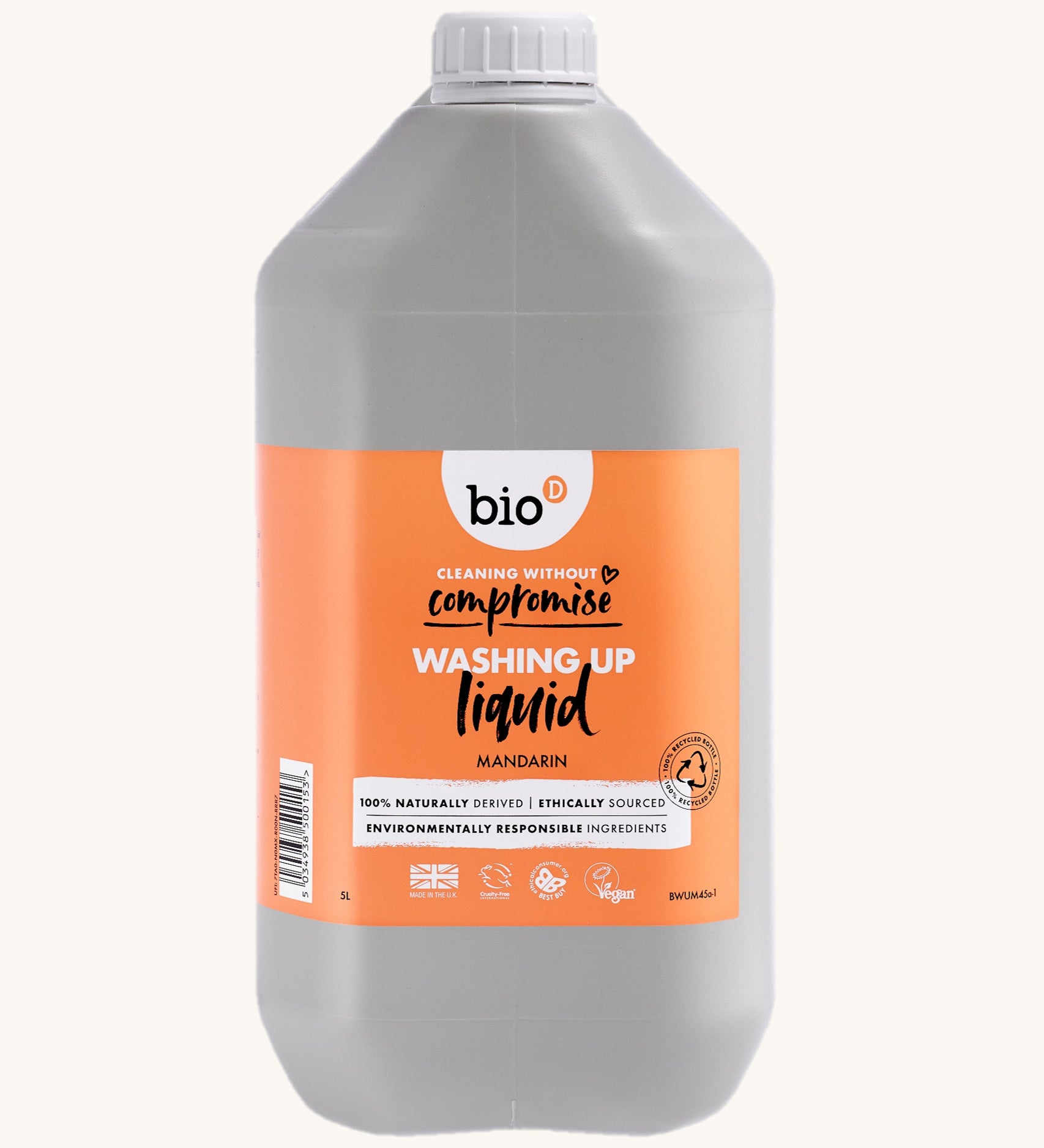 A 5L bottle of Bio-D Yorkshire mandarin washing up liquid available at Babipur