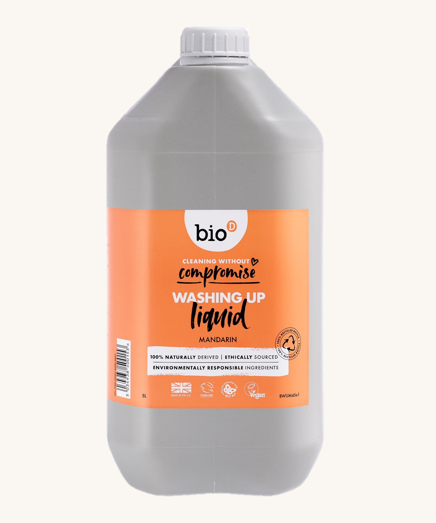 A 5L bottle of Bio-D Yorkshire mandarin washing up liquid available at Babipur