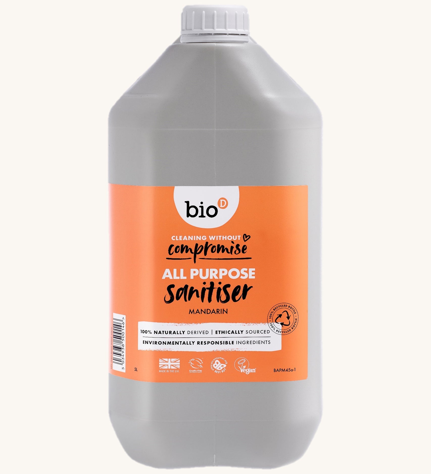 A 5L bottle of Bio-D all purpose sanitiser refill in mandarin available at Babipur.
