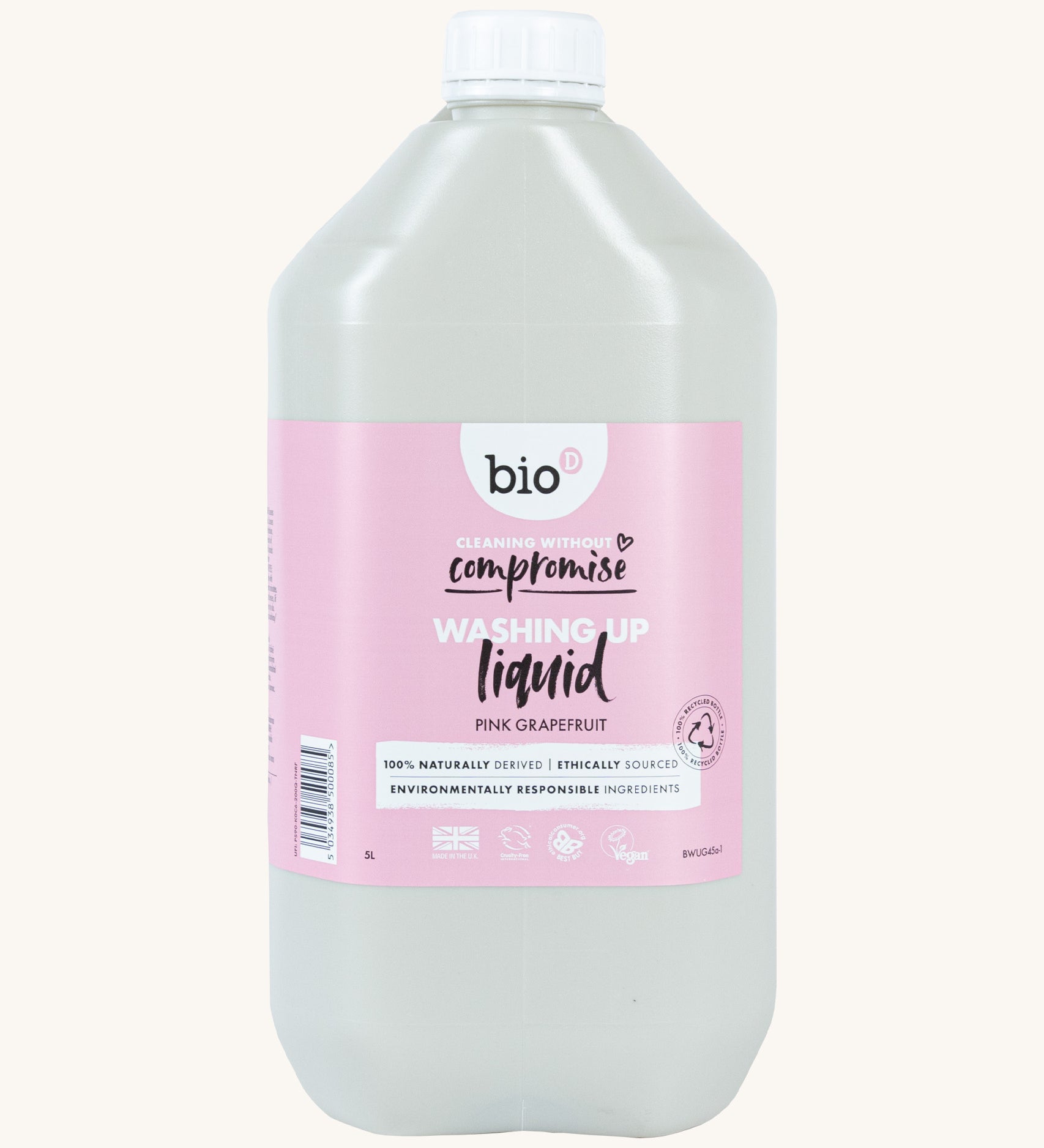A 5L bottle of Bio-D Yorkshire pink grapefruit washing up liquid available at Babipur