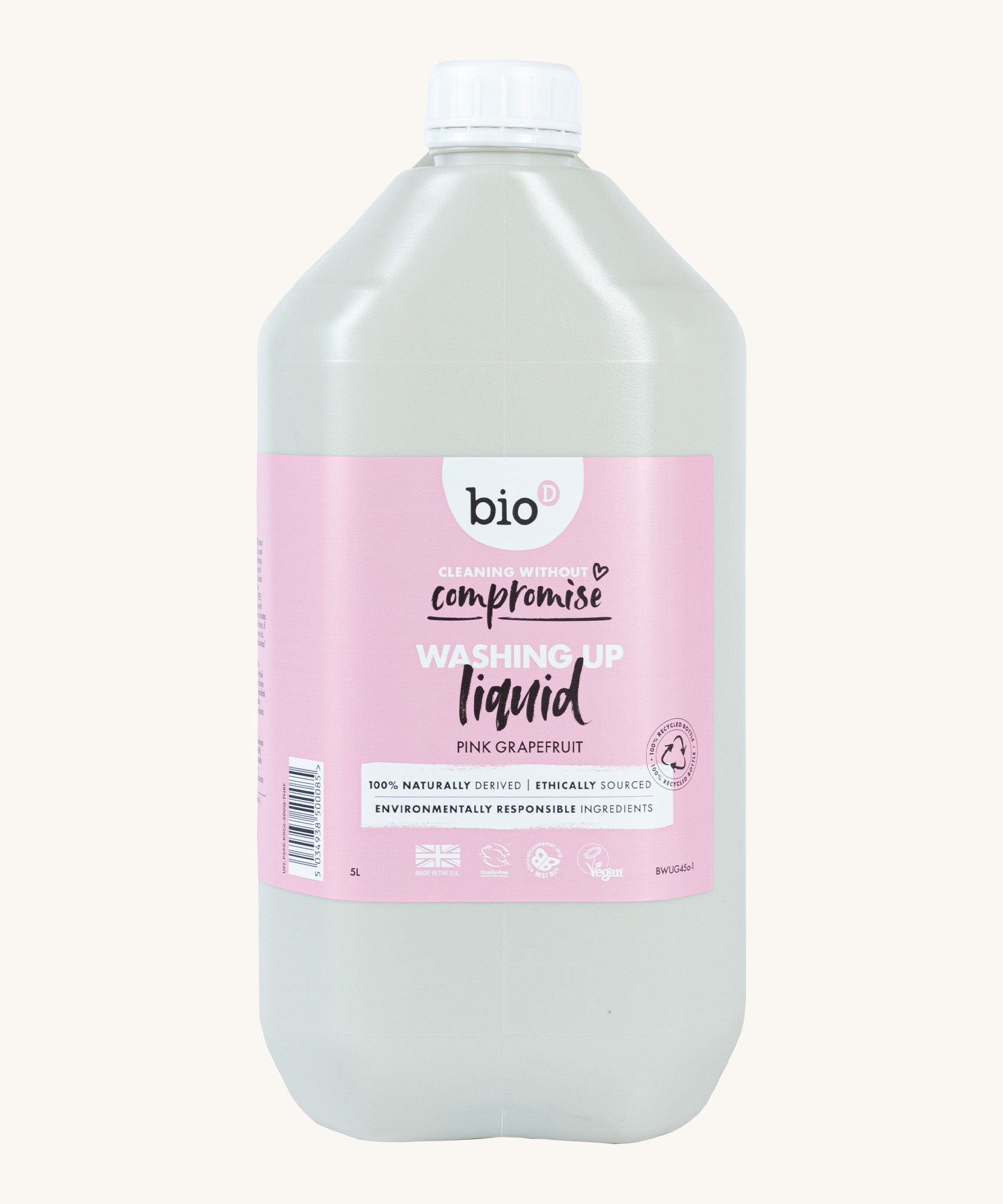 A 5L bottle of Bio-D Yorkshire pink grapefruit washing up liquid available at Babipur