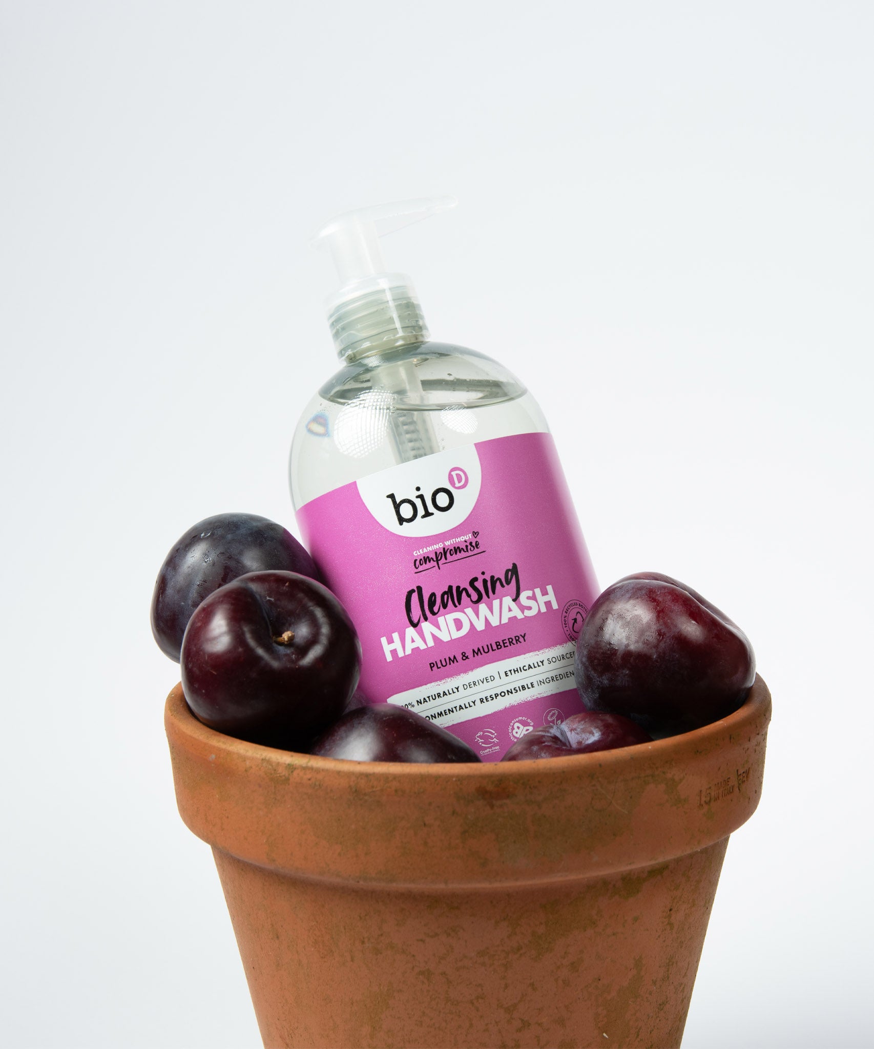 A bottle of Bio-D cleansing hand wash  in plum & mulberry inside a terracotta plant pot with plums inside. This hand wash is available at Babipur.