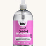 Bio-D plum and mulberry cleansing handwash in a 500ml bottle and available at Babipur. Comes in a clear bottle and features a push down dispenser