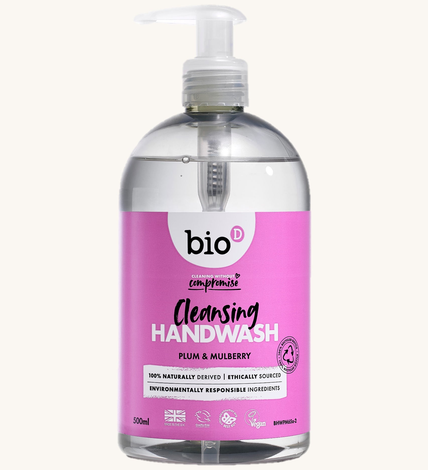 Bio-D plum and mulberry cleansing handwash in a 500ml bottle and available at Babipur. Comes in a clear bottle and features a push down dispenser