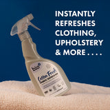A 500ml spray bottle of Bio-D vegan and cruelty free cotton fresh fabric refresher balancing on a blanket with a feature text on blue background