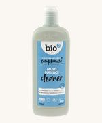 Bio-D Natural Surface Cleaner in a 100% recycled, 750ml grey plastic bottle. Cream background.
