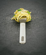 A close up of the fork from the Black + Blum stainless steel cutlery set