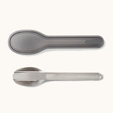 A close up of the Black + Blum stainless steel cutlery showing the portable hygienic carry case detail