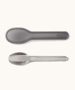 A close up of the Black + Blum stainless steel cutlery showing the portable hygienic carry case detail