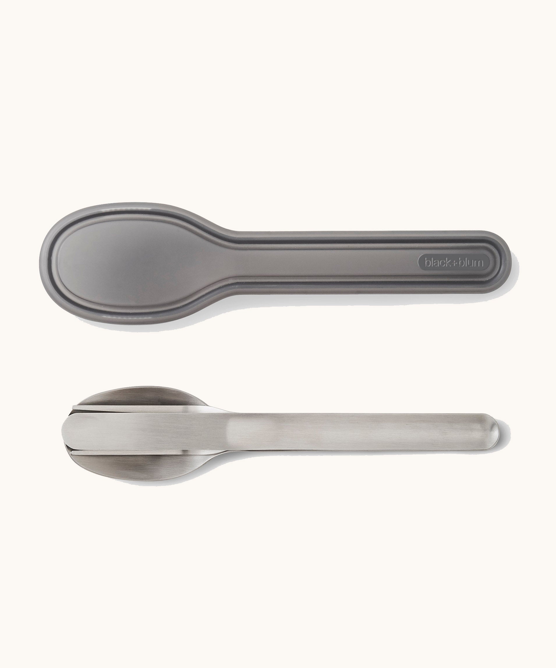 A close up of the Black + Blum stainless steel cutlery showing the portable hygienic carry case detail