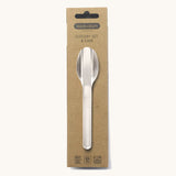 A close up of the brown cardboard packaging holding the Black + Blum stainless steel cutlery set and hygienic carry case