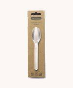 A close up of the brown cardboard packaging holding the Black + Blum stainless steel cutlery set and hygienic carry case