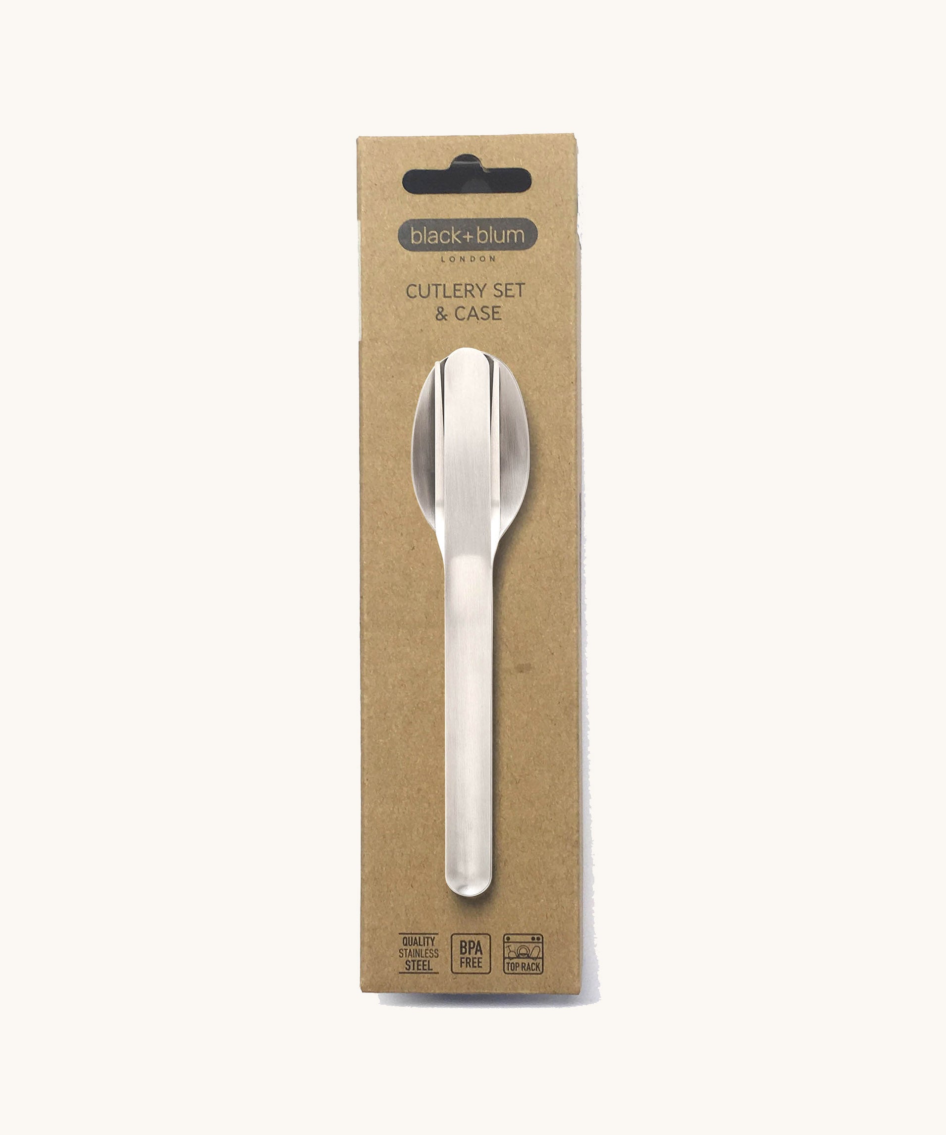 A close up of the brown cardboard packaging holding the Black + Blum stainless steel cutlery set and hygienic carry case