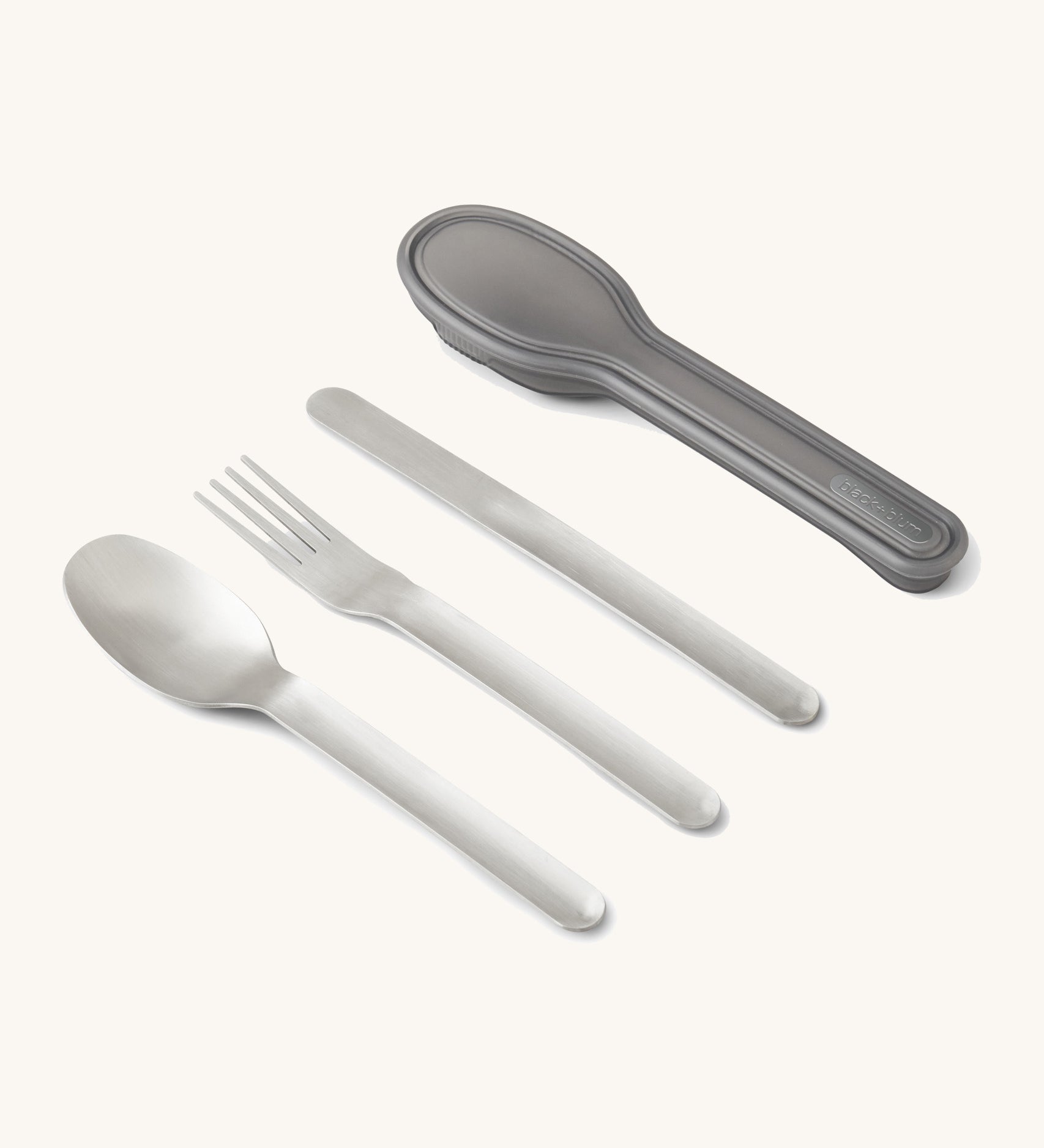 Black + Blum stainless steel cutlery set with portable hygienic carry case available at Babipur. Set includes a spoon, fork and butter knife