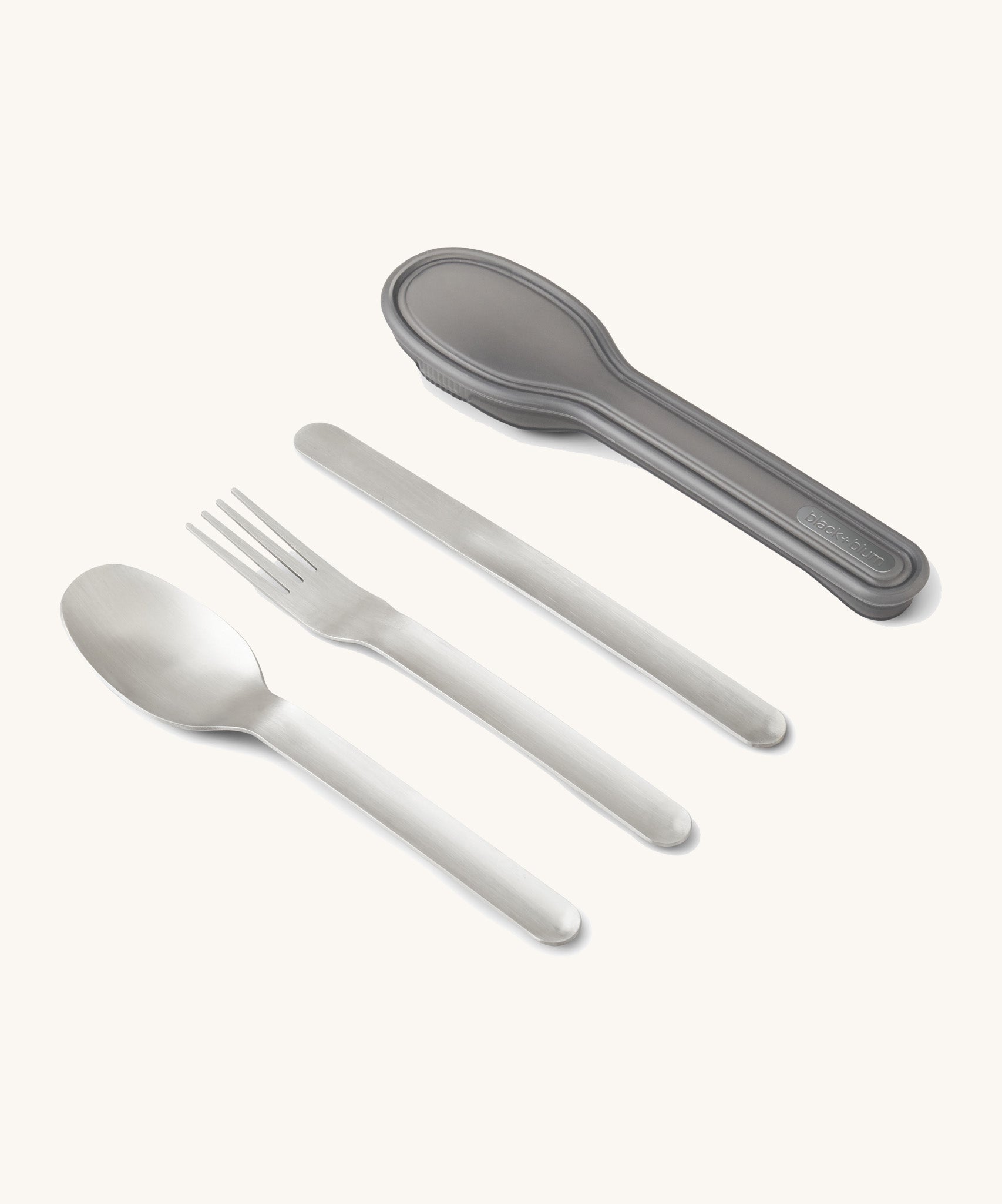 Black + Blum stainless steel cutlery set with portable hygienic carry case available at Babipur. Set includes a spoon, fork and butter knife