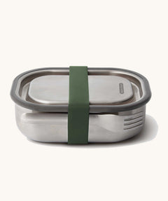 Black + Blum leakproof stainless steel lunchbox with a olive silicone holder available at Babipur. Features a matching stainless steel fork