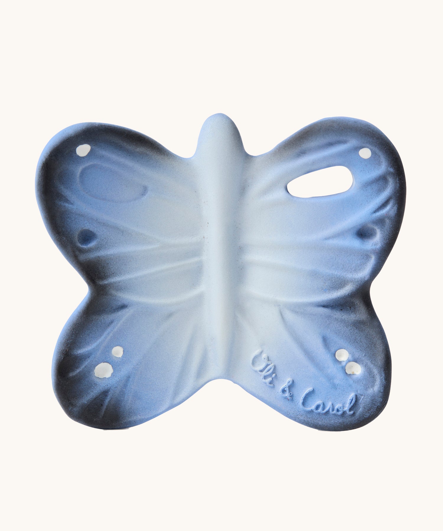 Oli & Carol Natural Rubber Mini Teether - Blues The Butterfly, showing a blue butterfly teether on a cream background