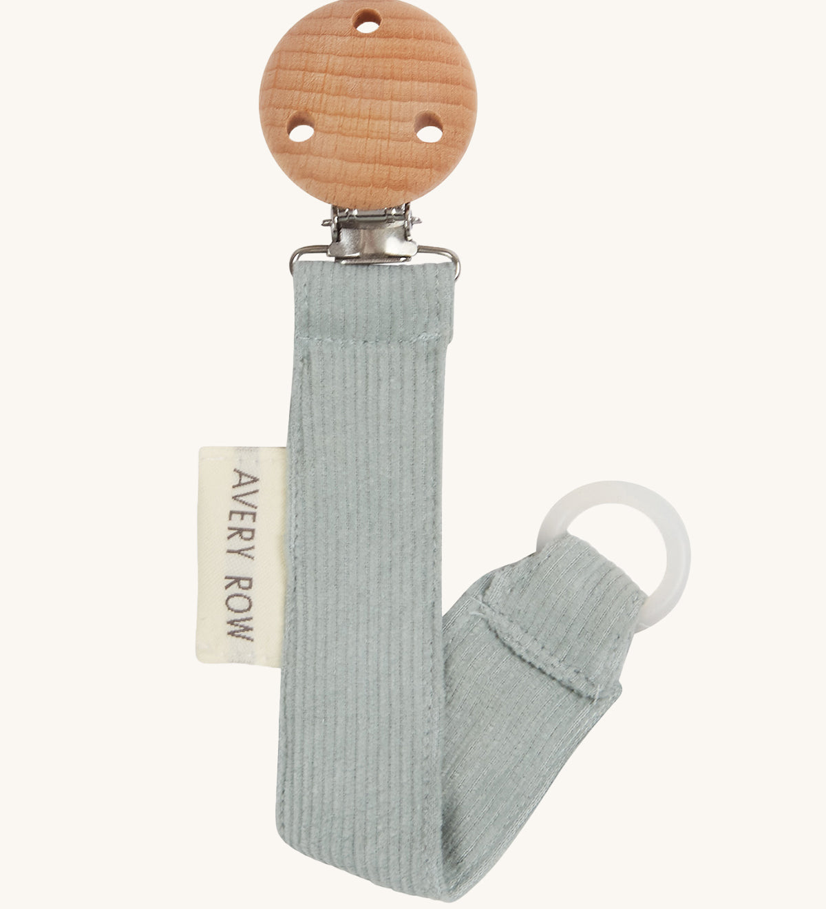 Avery Row Pacifier Holder - Blue Corduroy, showing the silicone ring and wooden clip