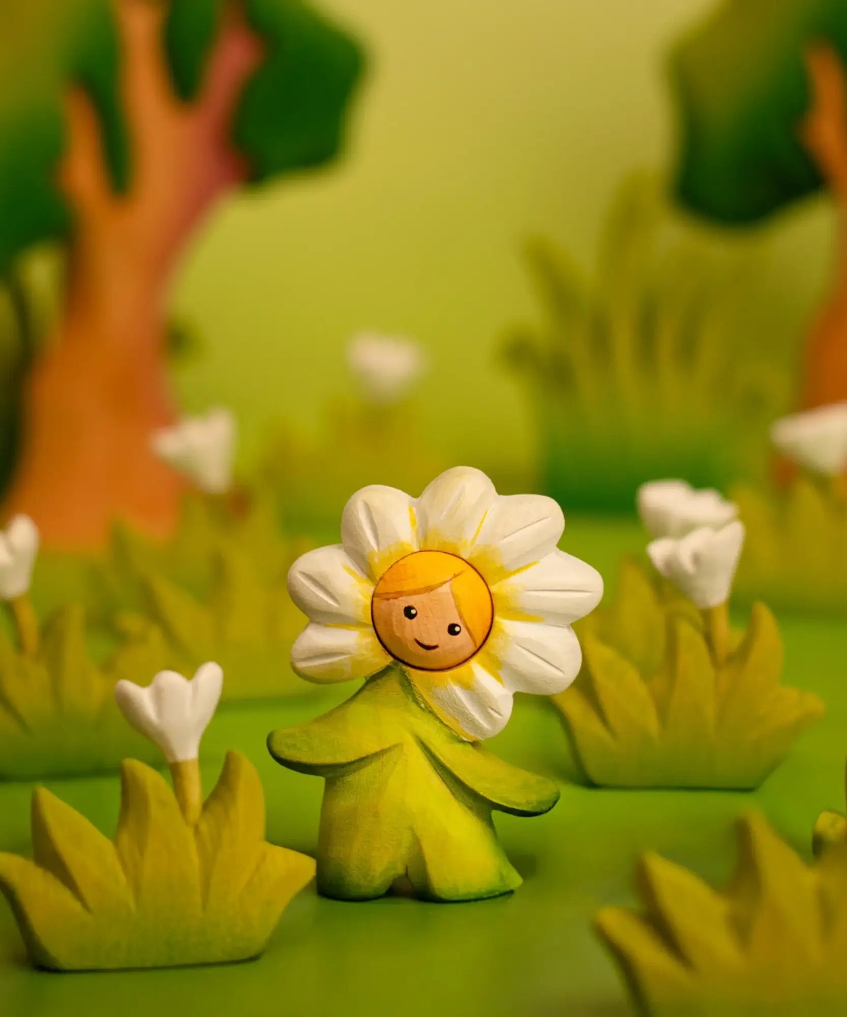 Bumbu wooden daisy flower child figure with standing next to wooden flowers in a playscene