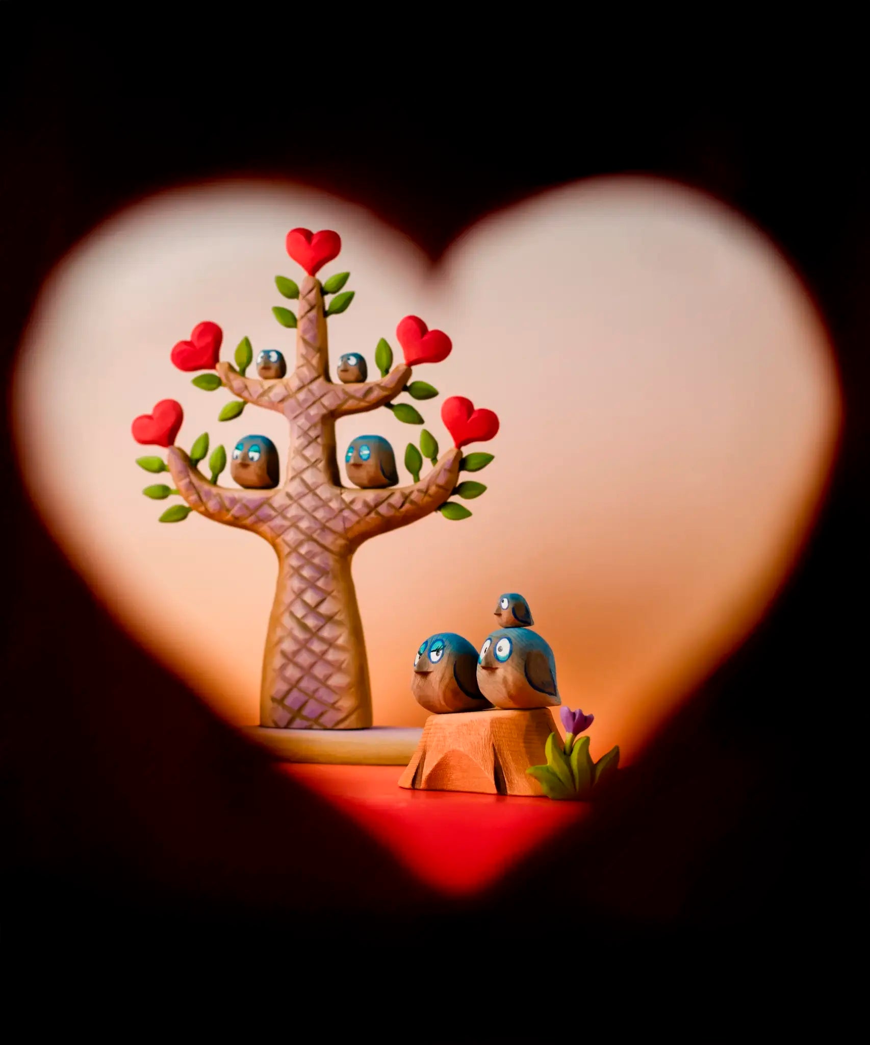 Romantic playscene featuring Bumbu hand crafted wooden love birds figures