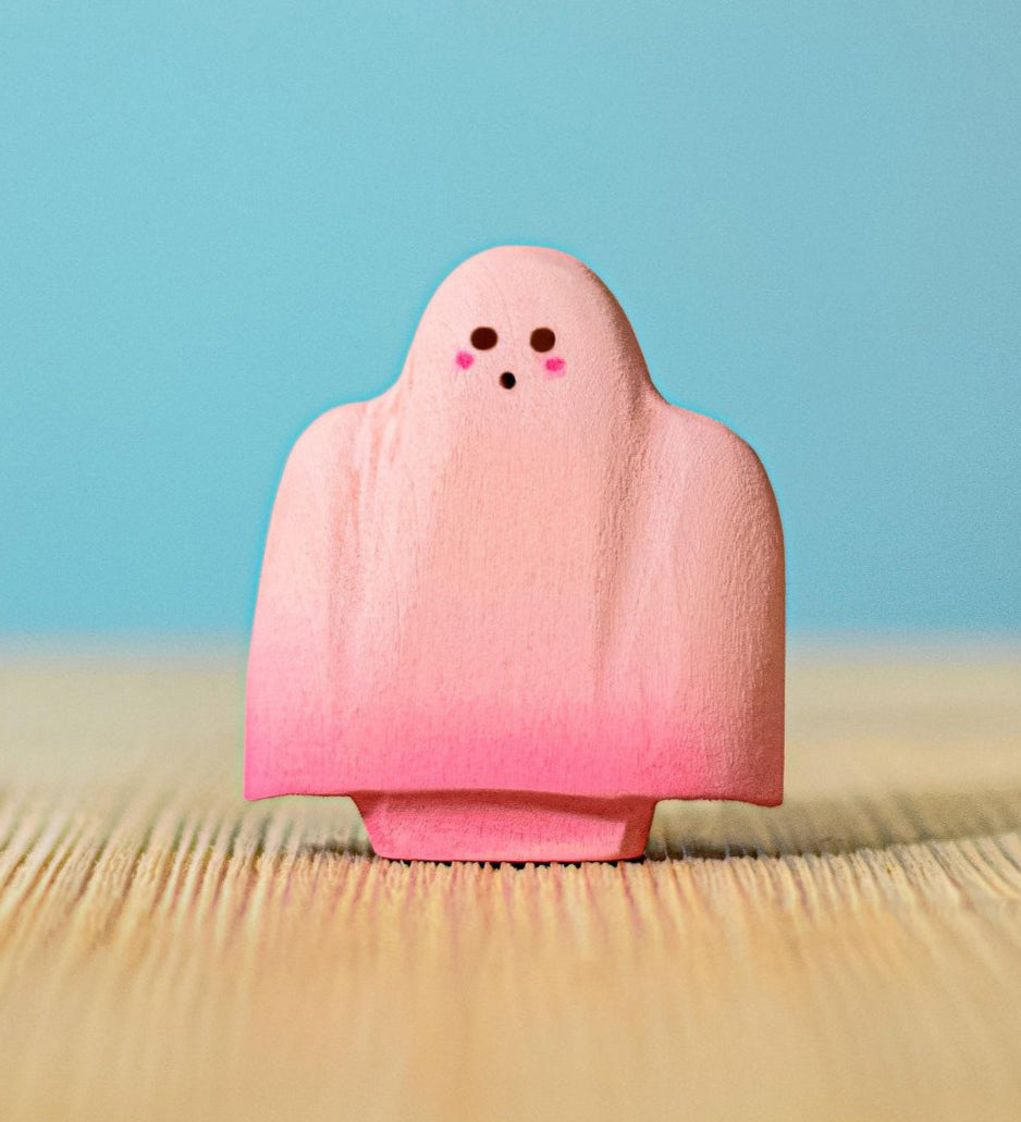 Bumbu handmade and hand painted wooden pink ghost figure available at Babipur.
