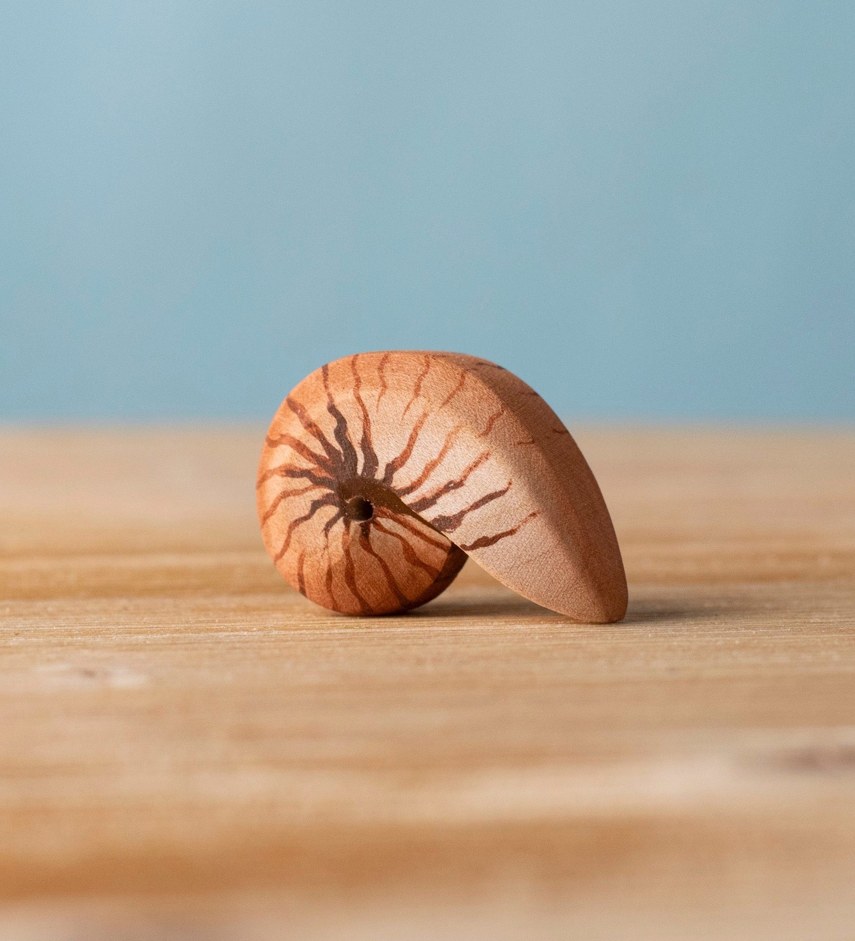 Bumbu handmade and hand painted brown wooden spiral shell figure with shell details available at Babipur. 