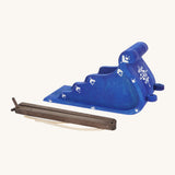 Bumbu Wooden Snow Sleigh, is a blue carriage with white painted details and dark brown wooden reins, on a cream background