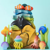 Bumbu handmade and hand painted wooden reef set available at Babipur with various Bumbu ocean themed animal figures. 
