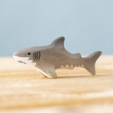 Bumbu handmade and hand painted wooden grey baby shark figure available at Babipur. 