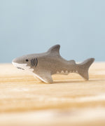 Bumbu handmade and hand painted wooden grey baby shark figure available at Babipur. 