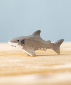 Bumbu handmade and hand painted wooden grey baby shark figure available at Babipur. 