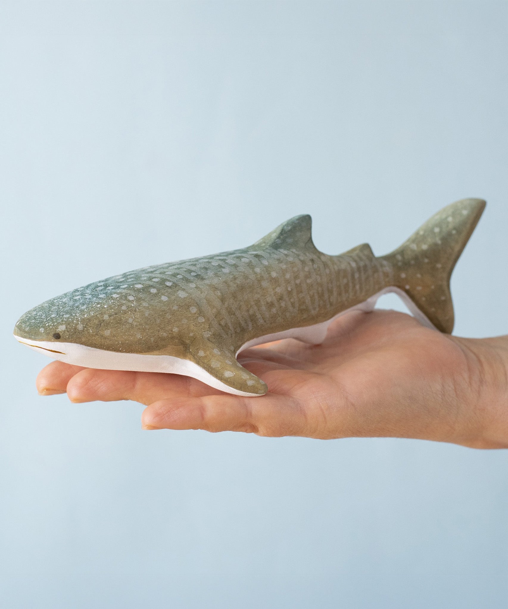 An adult hand holding the Bumbu handmade and hand painted wooden grey whale shark figure showing scale