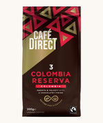 Red Aztec design 200g bag holding the Cafe direct fair trade Colombia Reserva ground coffee