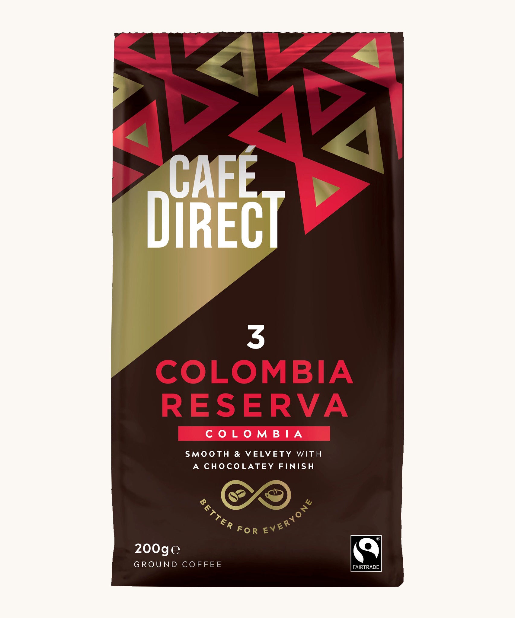 Red Aztec design 200g bag holding the Cafe direct fair trade Colombia Reserva ground coffee
