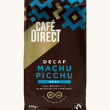 Blue Aztec design 200g bag holding the Cafe direct fair trade Machu Picchu decaf ground coffee