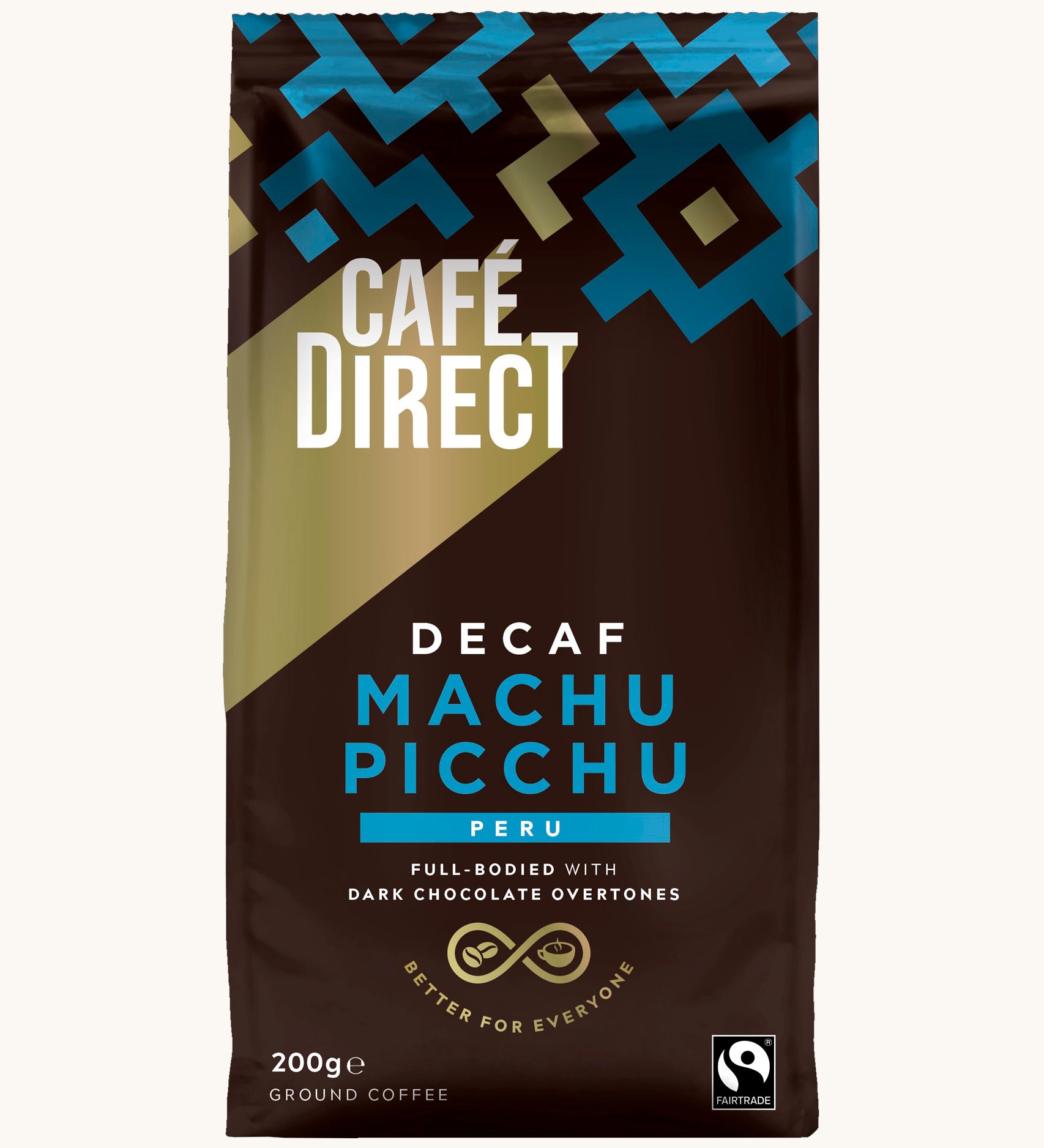 Blue Aztec design 200g bag holding the Cafe direct fair trade Machu Picchu decaf ground coffee