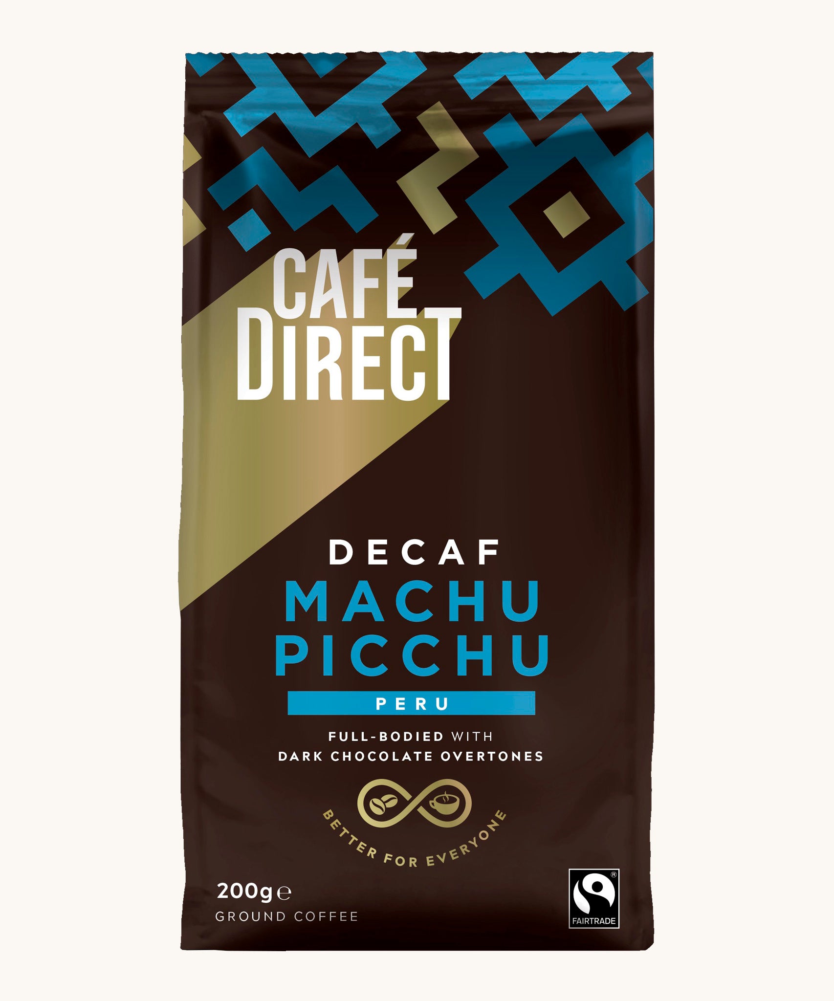 Blue Aztec design 200g bag holding the Cafe direct fair trade Machu Picchu decaf ground coffee