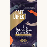 Decorated 200g bag holding the Cafe direct fair trade familia espresso ground coffee