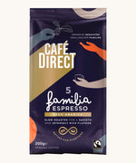Decorated 200g bag holding the Cafe direct fair trade familia espresso ground coffee